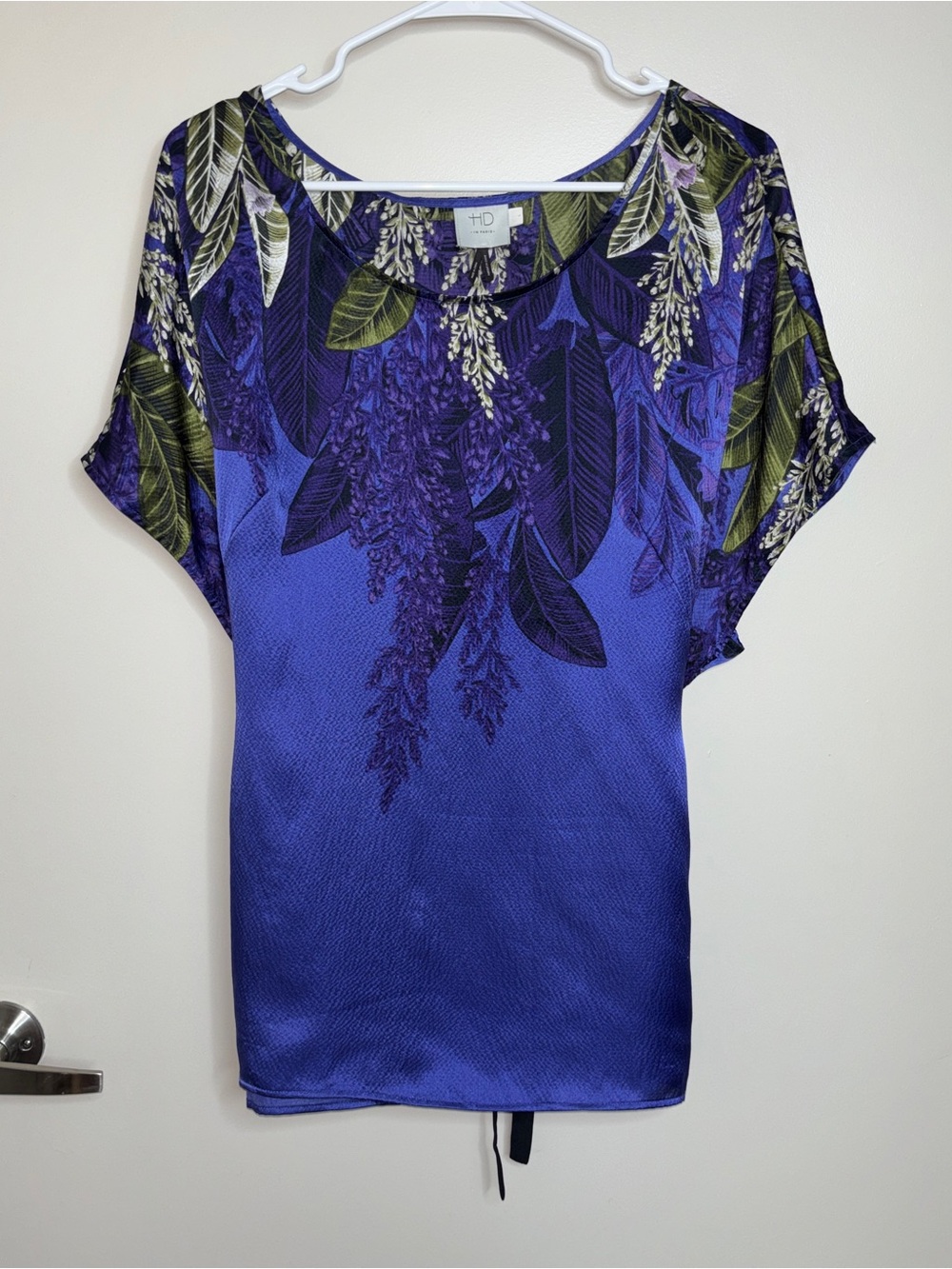 HD in Paris 100% Silk Purple Botanical Print Dolman Blouse